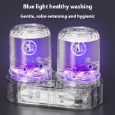 Transparent dual chamber washing device with blue LED light and hygienic features