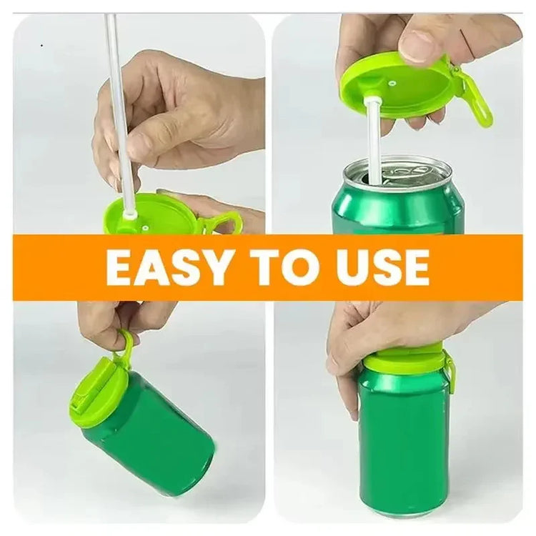 Green plastic soda can lid with attached straw, easy to use, fits standard beverage cans.