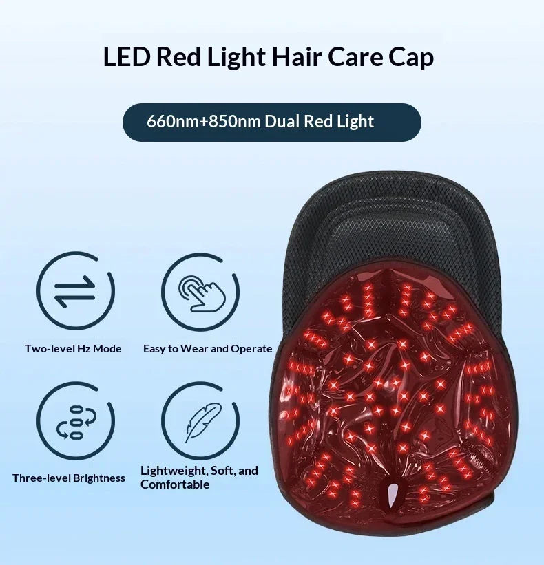 Black LED hair care cap with visible red lights, lightweight, soft, ergonomic fit