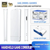 White handheld game console with slim design, 4K HDR, and packaging options shown.