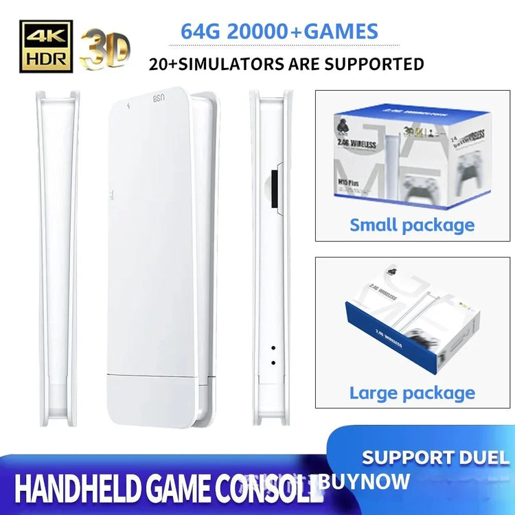 White handheld game console with slim design, 4K HDR, and packaging options shown.