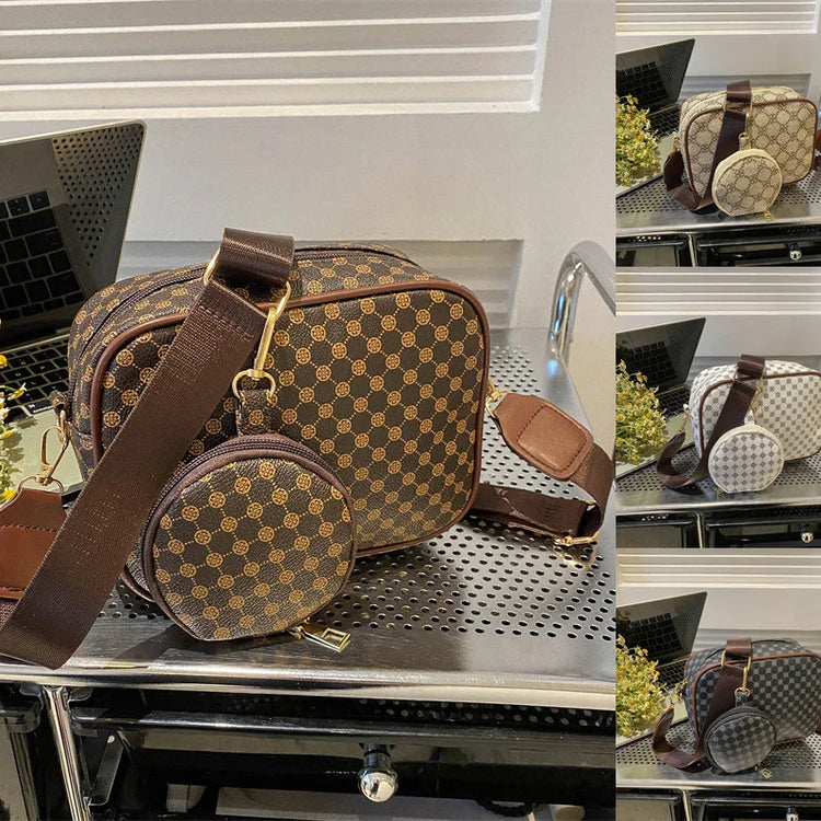 Geometric print crossbody bags in brown, beige, and gray with adjustable straps and round coin pouch.