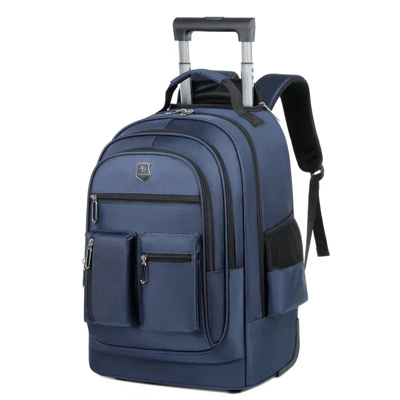 Navy blue rolling backpack with multiple zippered pockets, side mesh pockets, and adjustable straps
