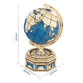 Wooden desktop globe with blue and beige continents, intricate base, and dimension labels