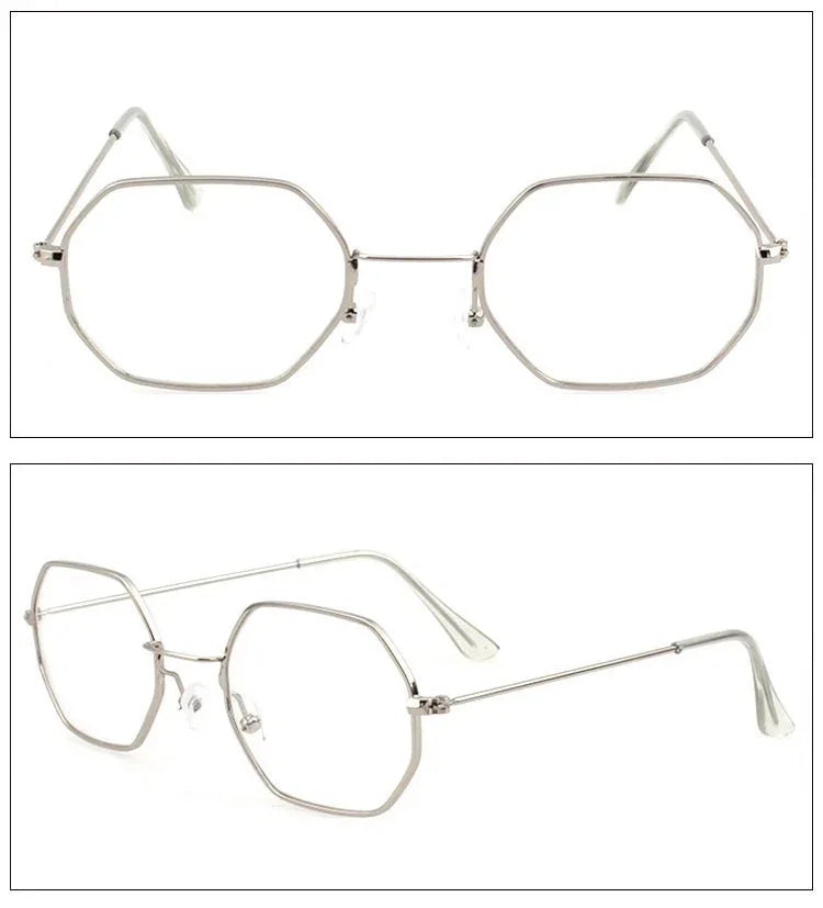 Silver geometric metal glasses with clear lenses, slim frame, minimalist modern style