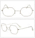 Silver geometric metal glasses with clear lenses, slim frame, minimalist modern style