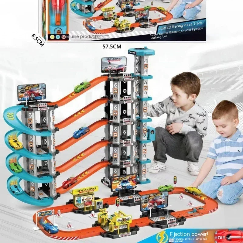 Two boys playing with a colorful multi-level toy car racetrack set, wearing casual clothes.