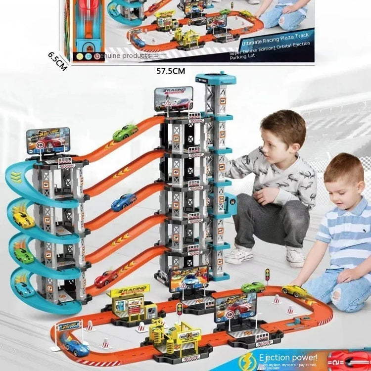 Two boys playing with a colorful multi-level toy car racetrack set, wearing casual clothes.