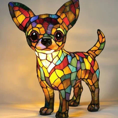 Stained glass Chihuahua dog lamp in colorful mosaic pattern, illuminated, tabletop decor