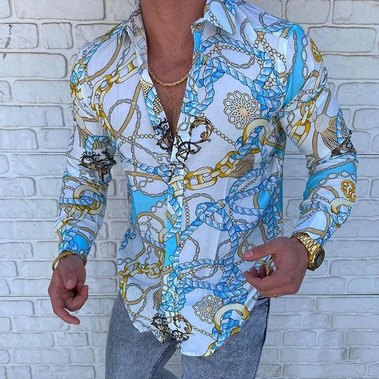 Men’s slim-fit long sleeve shirt with blue and gold chain print, lightweight material