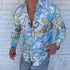 Men’s slim fit long sleeve shirt with blue, gold, and white chain print pattern