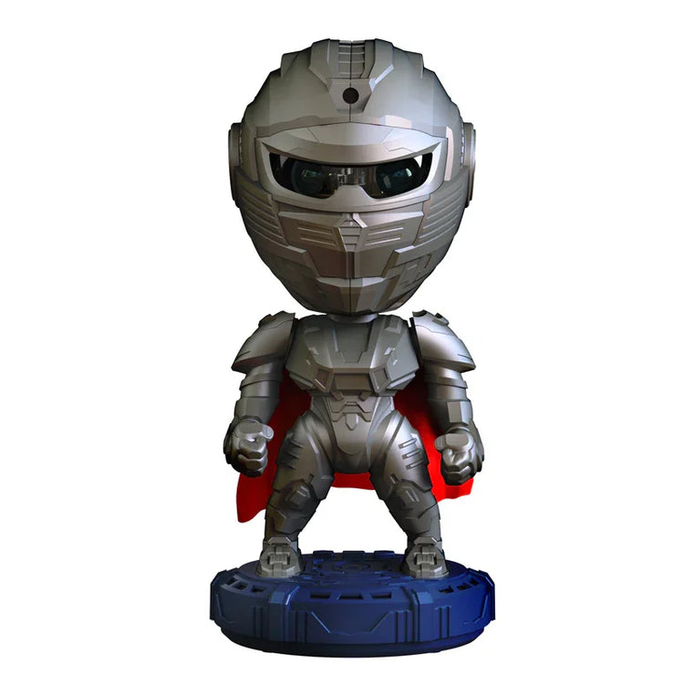 Futuristic silver armored figure with helmet, red cape, and blue base, tech style.