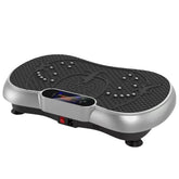 Silver and black vibration plate with textured surface and digital display, used for fitness