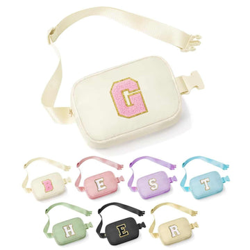 Colorful adjustable crossbody bags with bold chenille letter patches, soft nylon material.