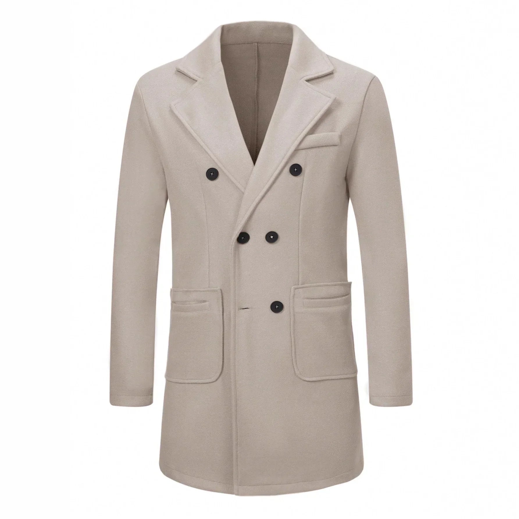 Beige double-breasted wool blend coat with black buttons, notched lapel, slim fit