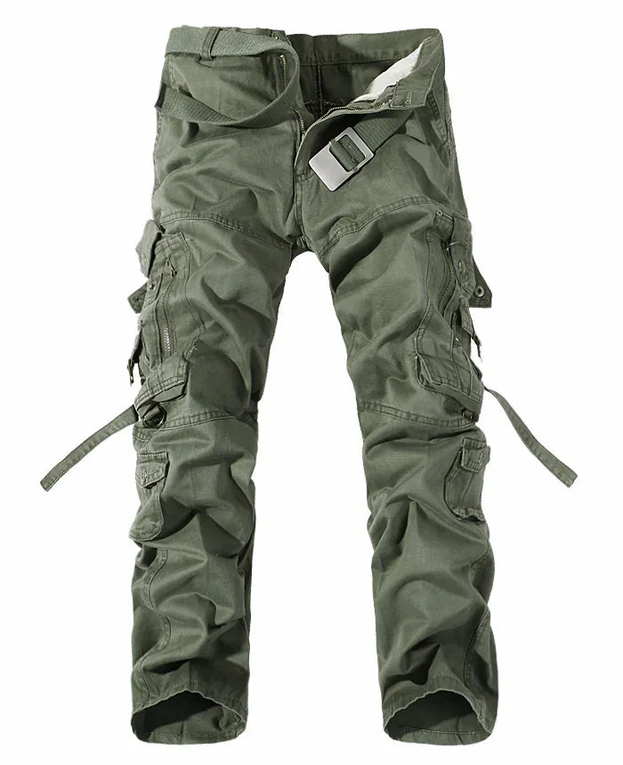 Olive green cargo pants with multiple pockets, adjustable straps, and a relaxed fit