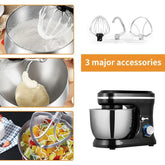 Black and silver stand mixer with stainless steel bowl, three attachments, modern kitchen appliance