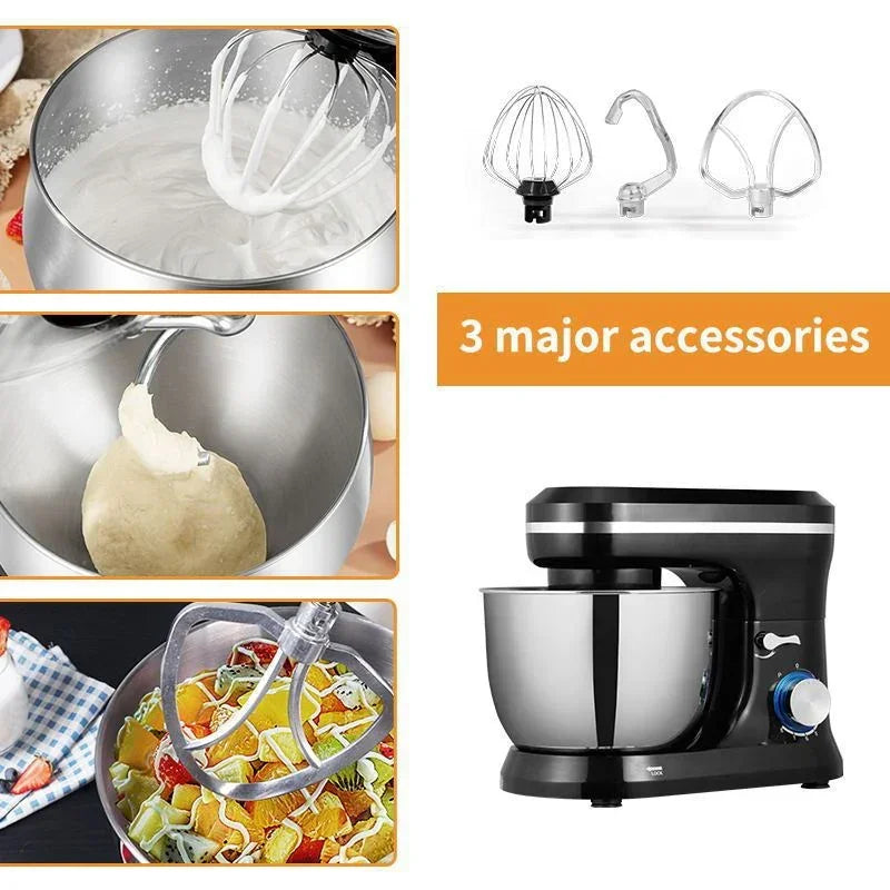 Black and silver stand mixer with stainless steel bowl, three attachments, modern kitchen appliance