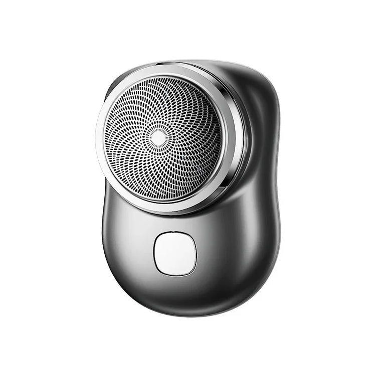 Sleek black metallic electric shaver with ergonomic design and circular mesh blade head
