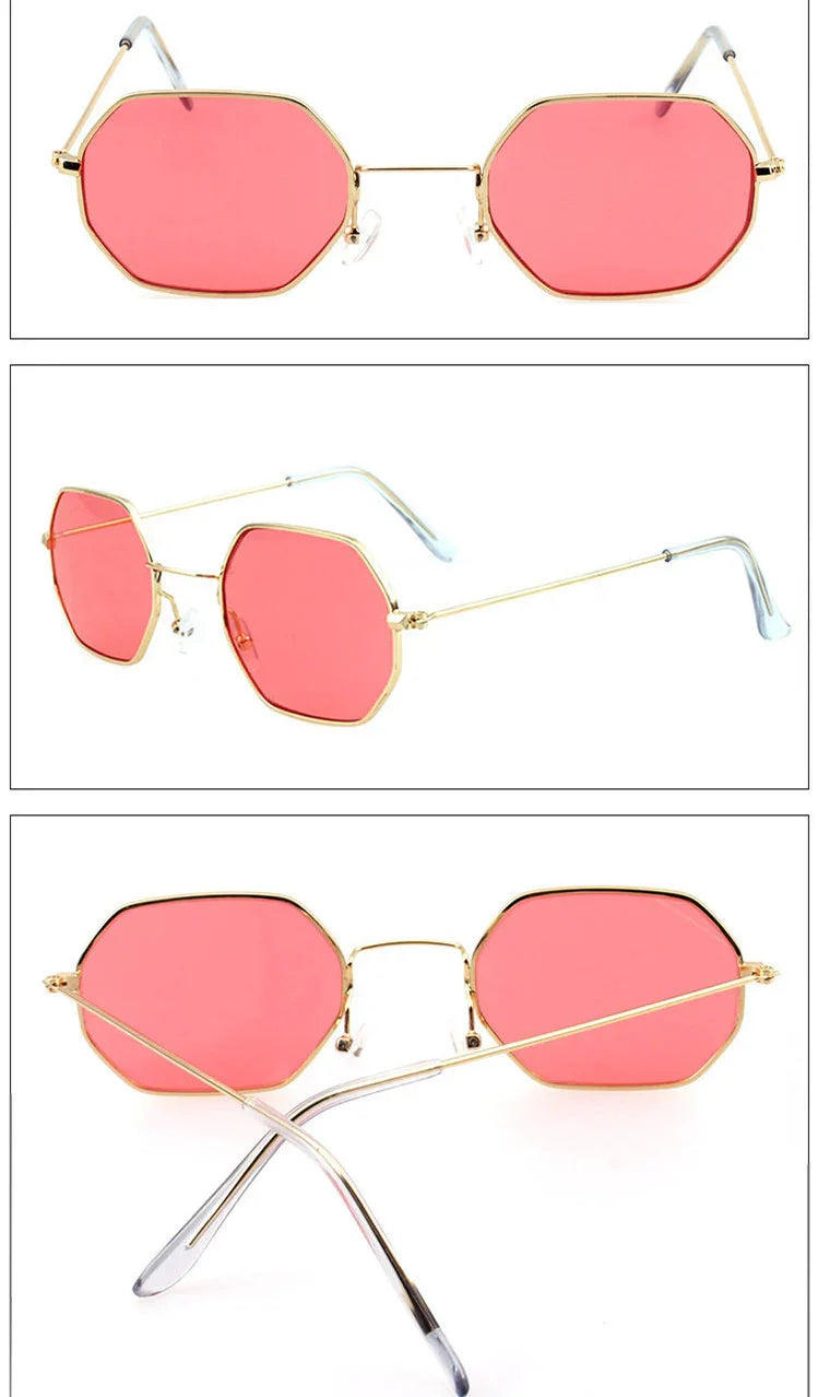 Geometric octagon sunglasses with gold metal frame and pink tinted lenses, slim fit streetwear style