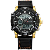 Black and gold digital analog sports watch with leather strap and orange stitching