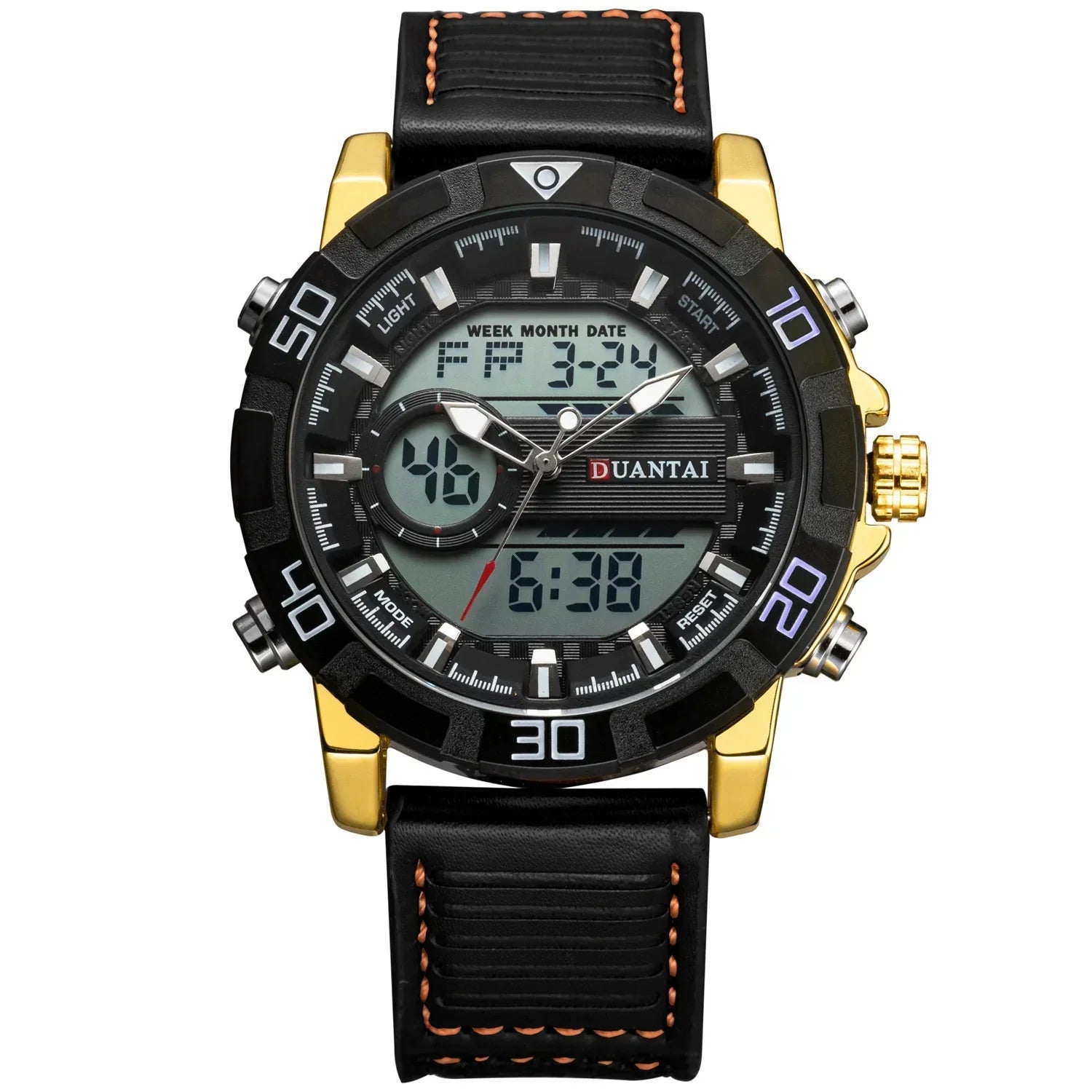 Black and gold digital analog sports watch with leather strap and orange stitching