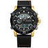 Black and gold digital analog sports watch with leather strap and orange stitching