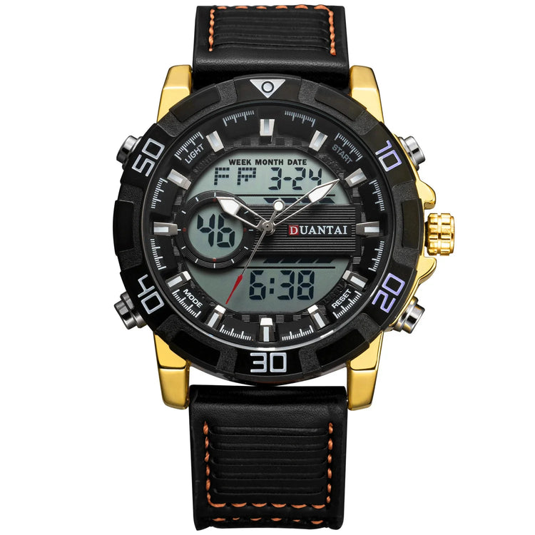 Black and gold digital analog sports watch with leather strap and orange stitching