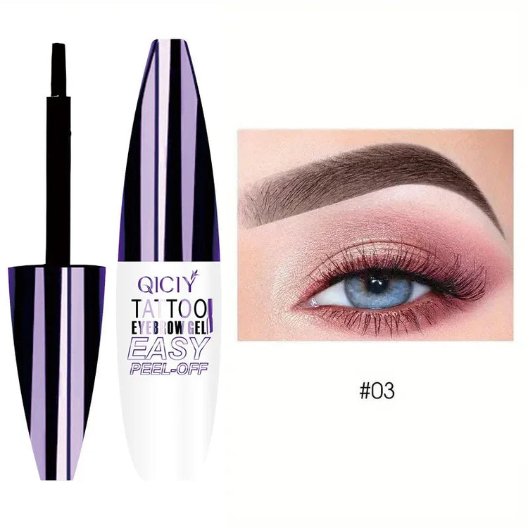 Black eyebrow gel with metallic purple cap, close-up of shaped eyebrow with natural finish