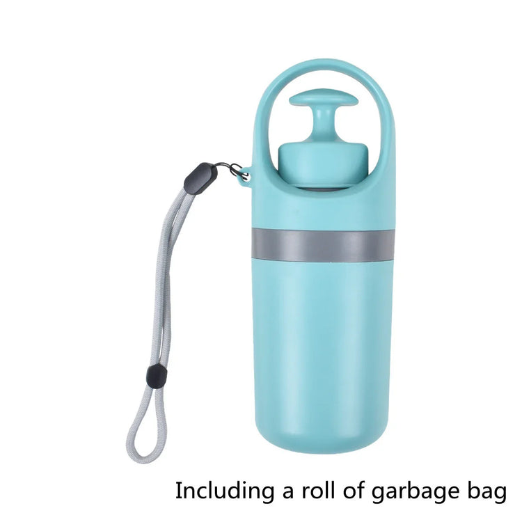Light blue portable plastic waste bag dispenser with wrist strap and grey accent