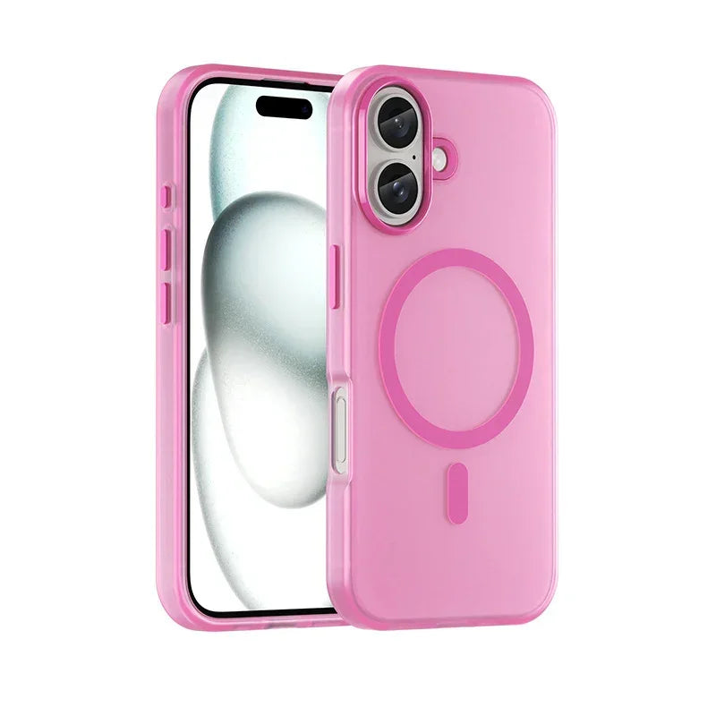 Pink silicone phone case with MagSafe ring, slim fit, protects dual camera smartphone