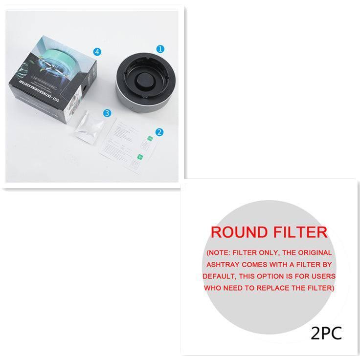 Modern black round air purifier ashtray with filter and accessories, replacement filter set, minimalist style