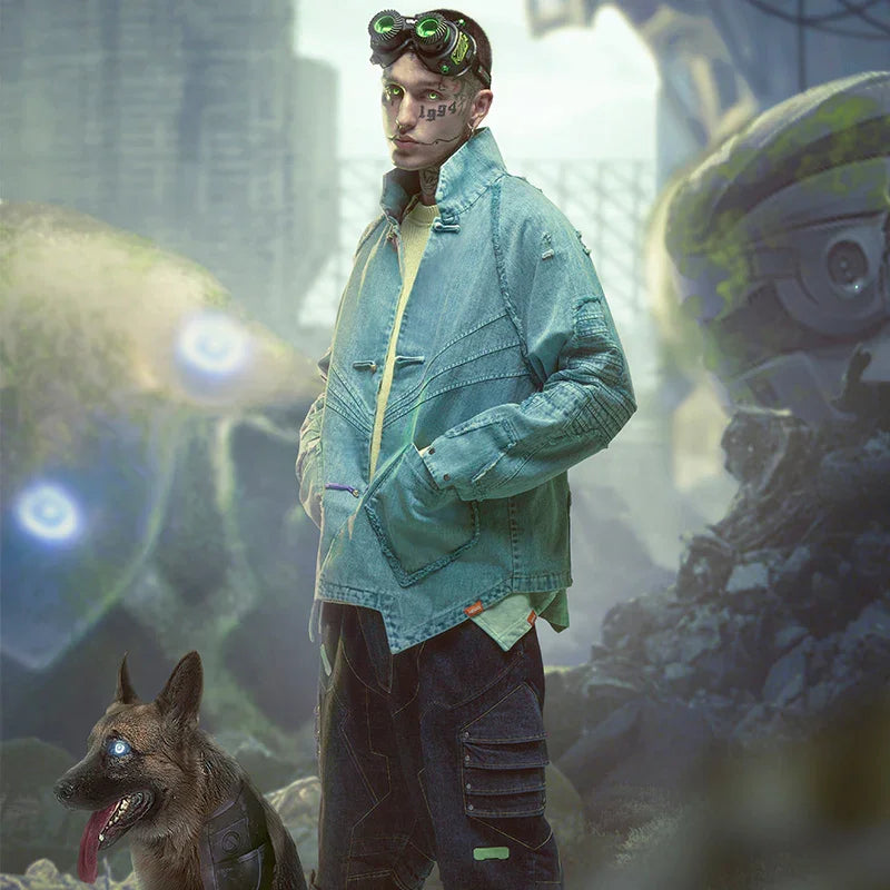 Man in a light blue denim streetwear jacket and cargo pants, futuristic urban setting