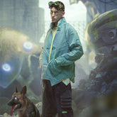 Man in a light blue denim streetwear jacket and cargo pants, futuristic urban setting