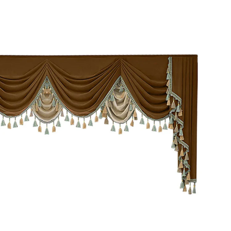 Brown and beige layered curtain valance with tassel trim and draped swag design