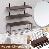 Set of three wall-mounted dark wood shelves with black metal brackets, wire basket storage; displayed in a modern bathroom with product dimensions shown.