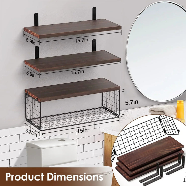 Set of three wall-mounted dark wood shelves with black metal brackets, wire basket storage; displayed in a modern bathroom with product dimensions shown.