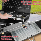 Close-up of a portable gas grill with removable bracket and included oil tray for easy cleaning.