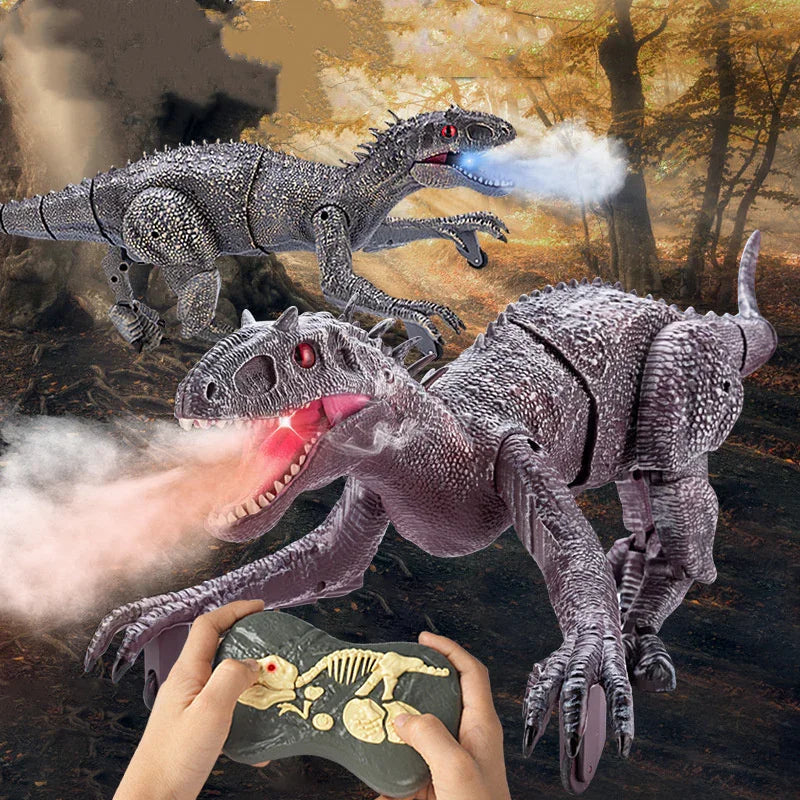 Remote control dinosaur toys with textured gray bodies, red eyes, and mist-breathing effect in a forest setting.