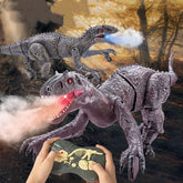 Remote control dinosaur toys with textured gray bodies, red eyes, and mist-breathing effect in a forest setting.