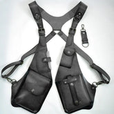 Black leather harness with adjustable straps and multiple utility pockets, modern streetwear accessory