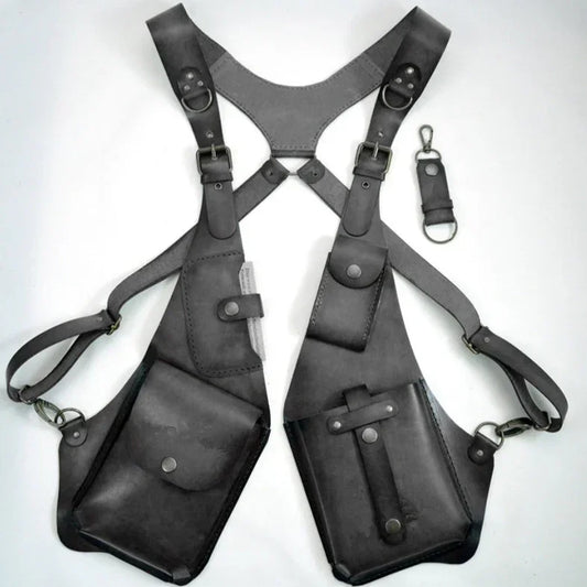 Black leather harness with adjustable straps and multiple utility pockets, modern streetwear accessory