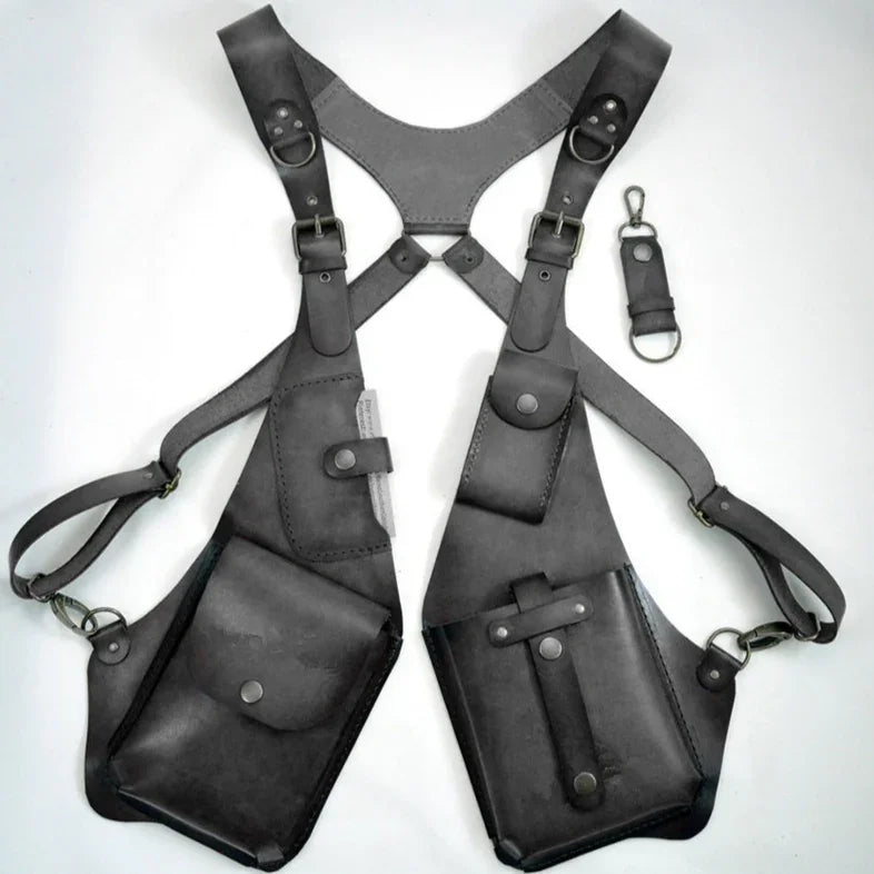 Black leather harness with adjustable straps and multiple pockets, utility streetwear accessory