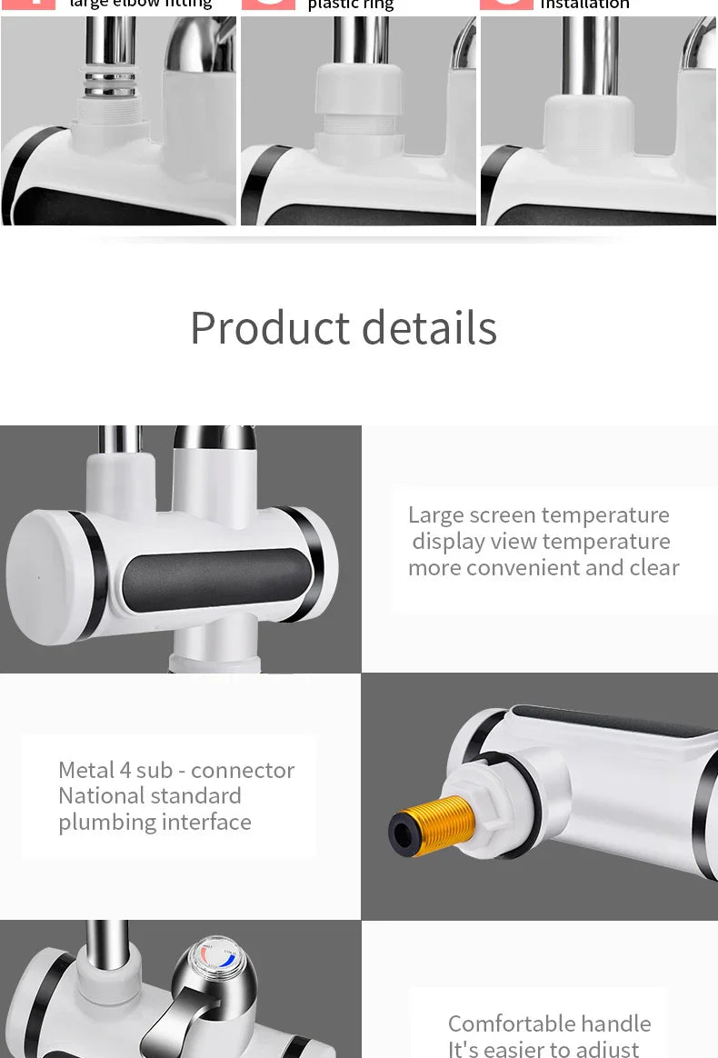 Modern white and black thermostatic faucet with digital temperature display and metal connector