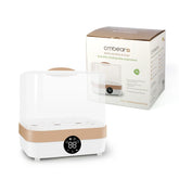 Digital bottle sterilizer and dryer in white and beige with control panel and product box