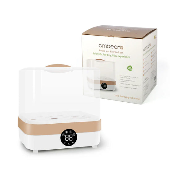 Digital bottle sterilizer and dryer in white and beige with control panel and product box