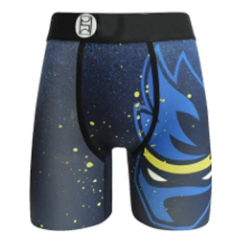 Men's blue graphic boxer briefs with yellow splatter, snug fit, synthetic fabric