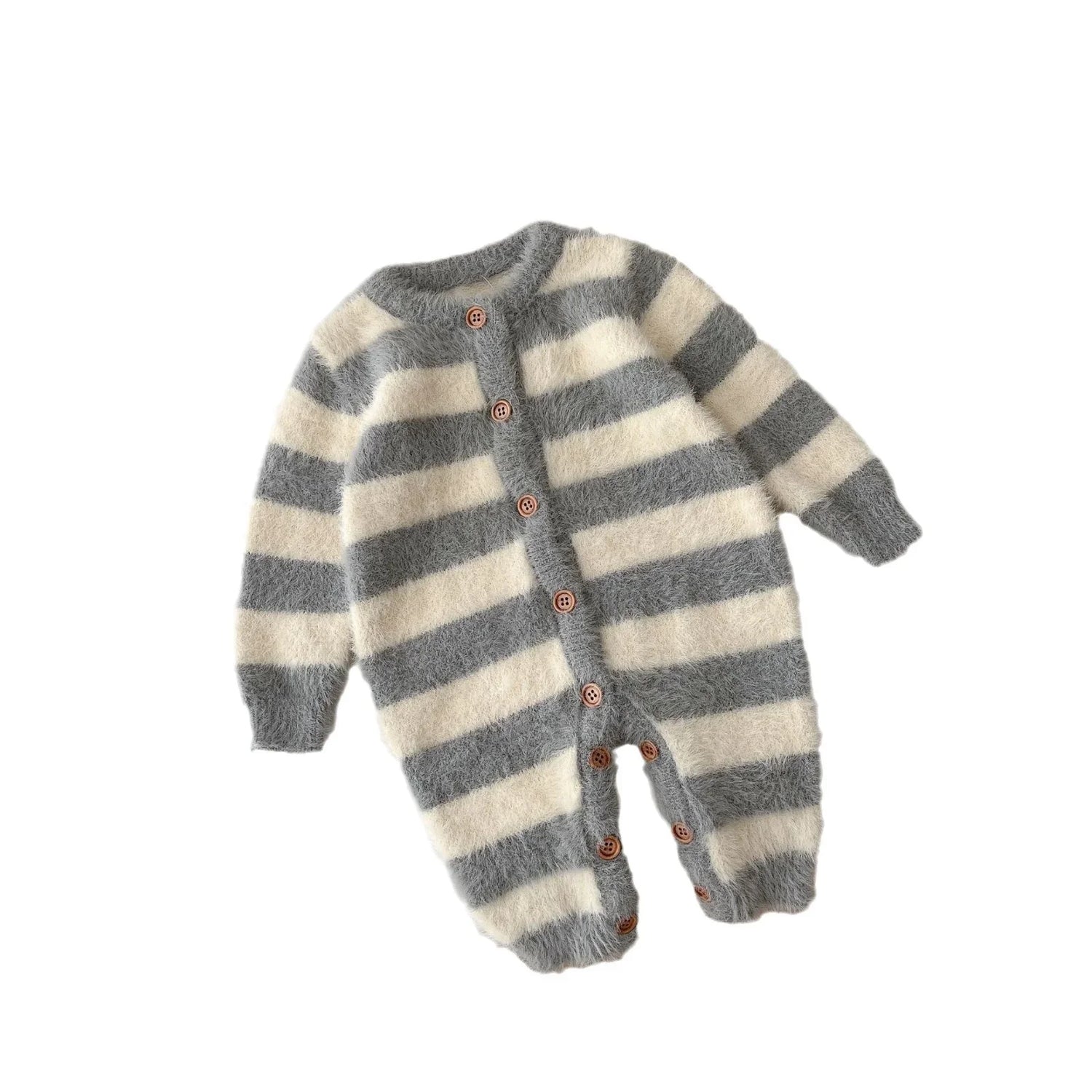 Fuzzy grey and white striped baby romper with buttons, long sleeves, cozy fit.