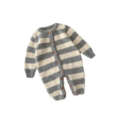 Fuzzy grey and white striped baby romper with buttons, long sleeves, cozy fit.