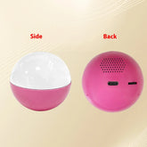 Pink and white spherical tech accessory with USB port and speaker, modern gadget design.